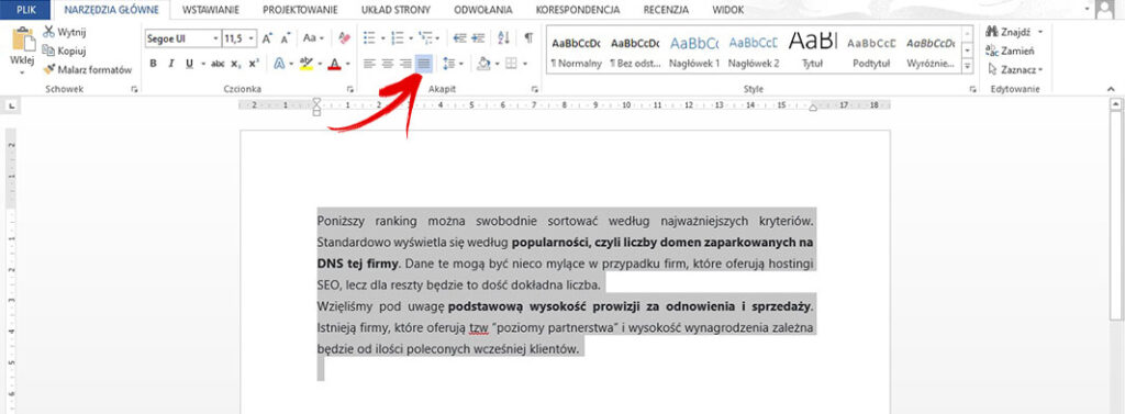 wyjustowanie tekstu word