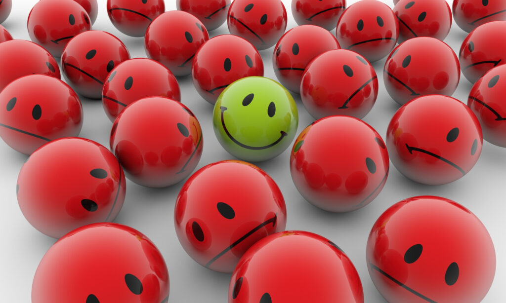 3d rendering illustration red balls with sad emotions green happy one white surface