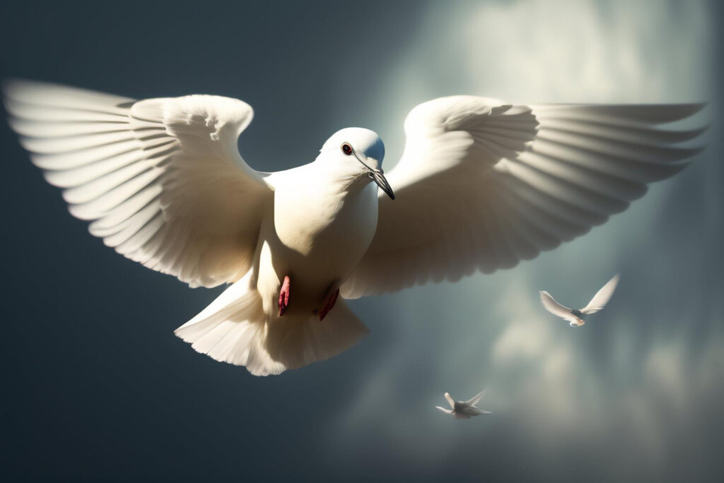 white bird with blue head is flying sky with word peace it